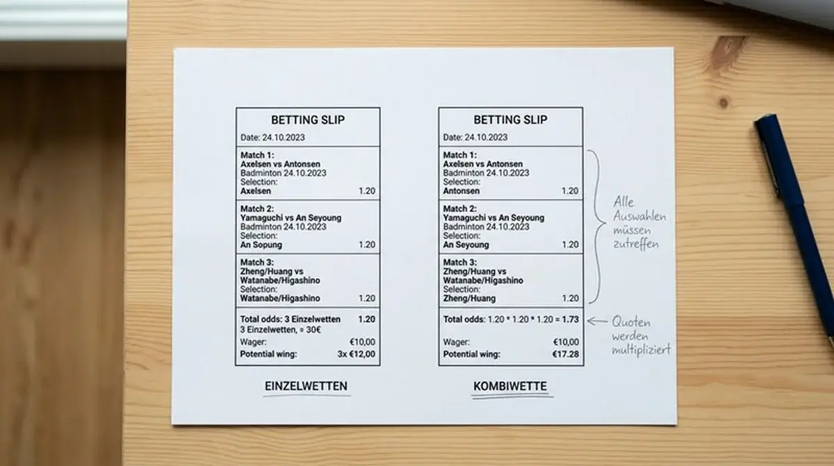 Grafik erklärt das Grundprinzip einer Badminton Kombiwette mit zwei Wettscheinen und Quotenmultiplikation